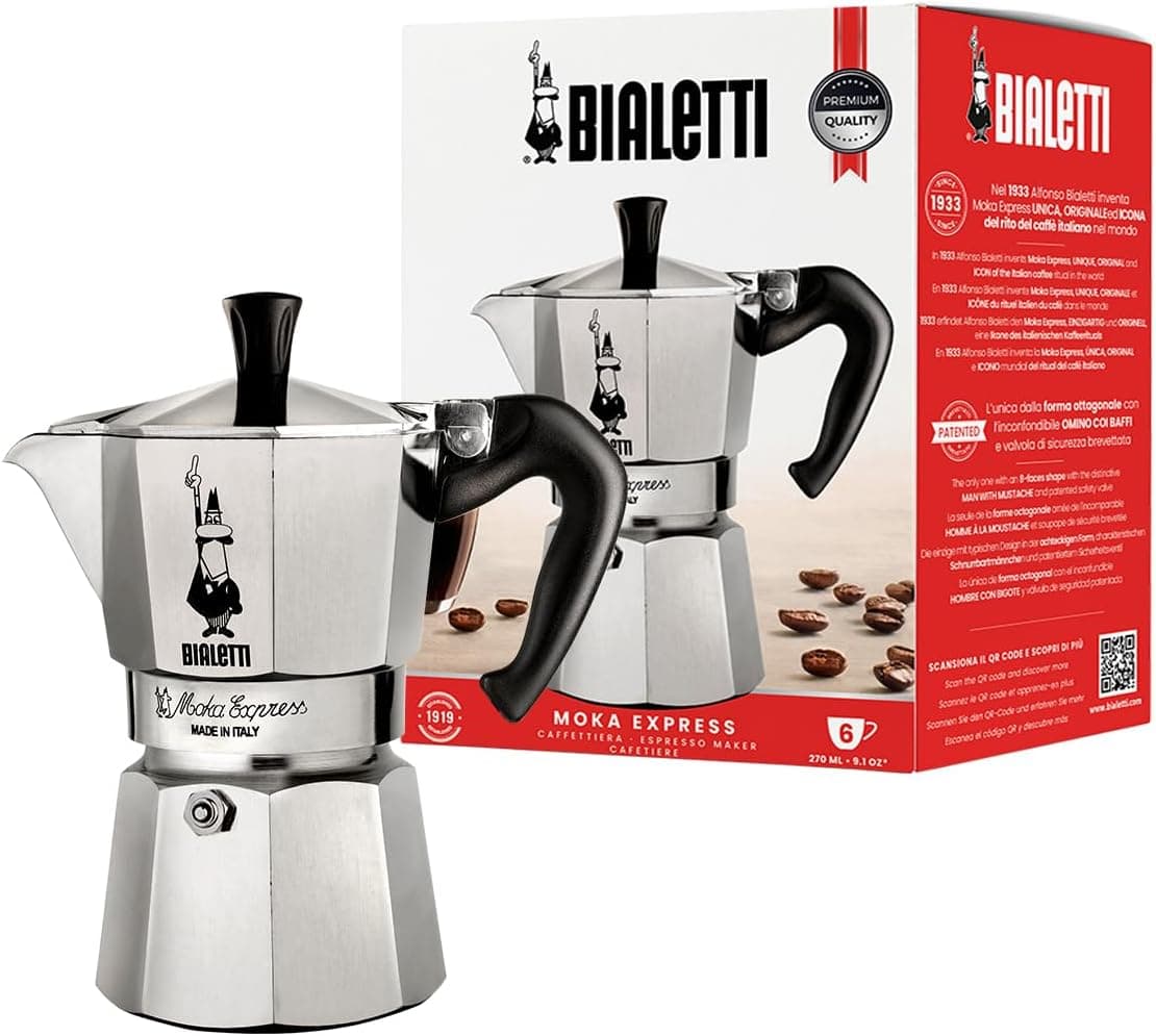 Bialetti Moka Express Stovetop Coffee Maker, 6-Cup, Aluminium